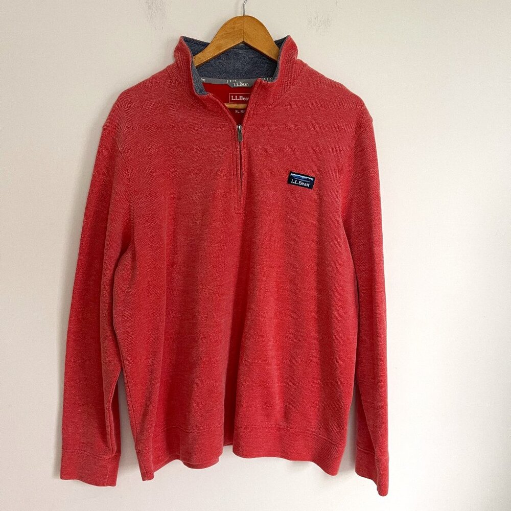 LL BEAN Men Red Cotton Blend 1/4 Zip Pullover Long Sleeve Shirt Top Size XL Reg